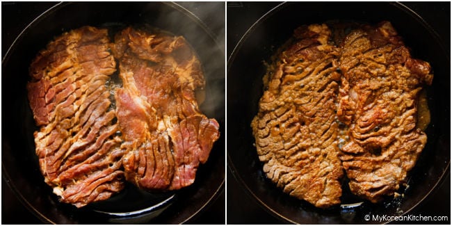 Cooking Korean BBQ pork in a cast iron skillet.