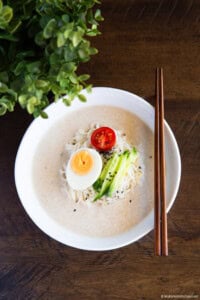 Kongguksu made with chickpeas served in a white bowl.