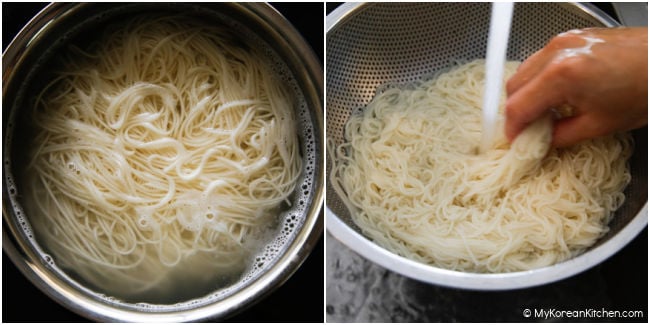 Boiling somen noodles, then rinsing in a strainer.