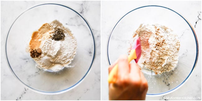 Preparing mala fried chicken batter ingredients in a glass mixing bowl.