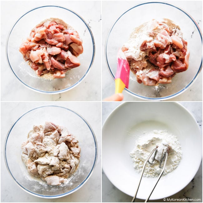 Mixing chopped chicken pieces with batter ingredients.