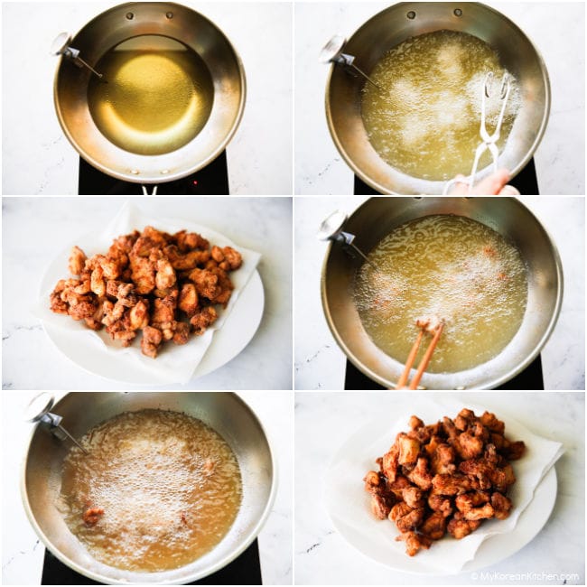 Collage showing multiple stages of deep frying chicken in a large wok.