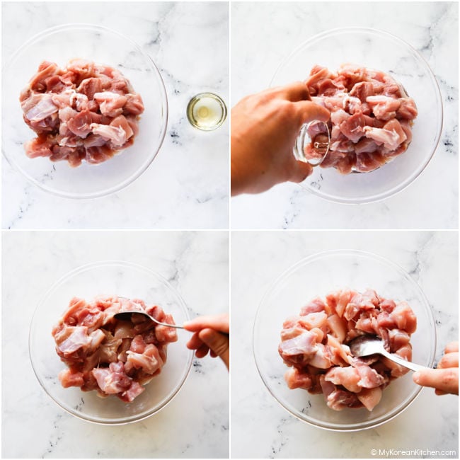 Collage of marinating chicken pieces with rice wine, mixed with a spoon.