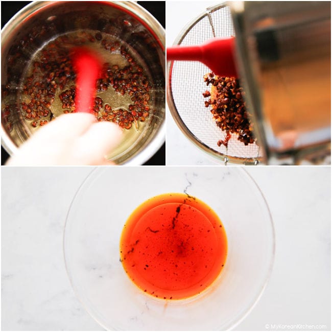 Cooking Sichuan peppercorns in oil and straining to remove them.