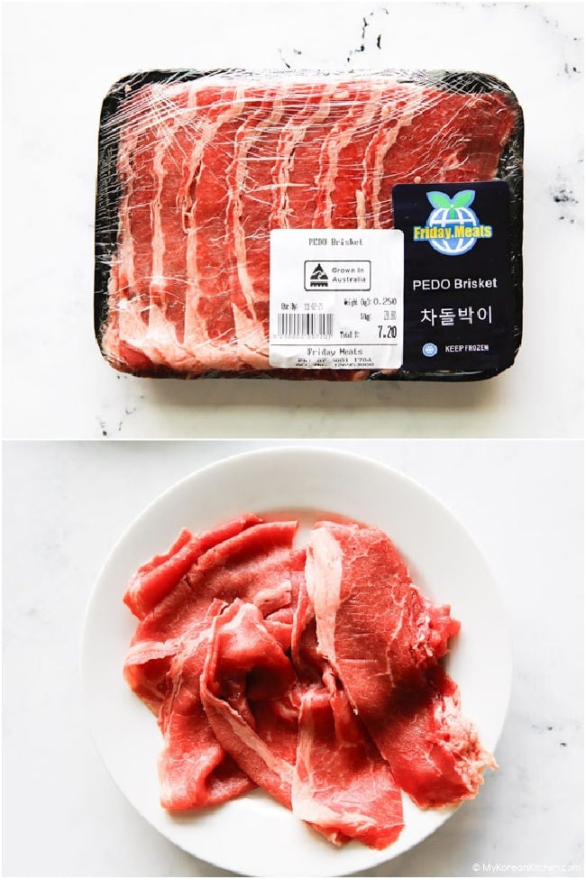 Top image: Thinly sliced Korean brisket (Chadolbaegi) in a package. Bottom image: Chadolbaegi slices loosely arranged on a white plate.