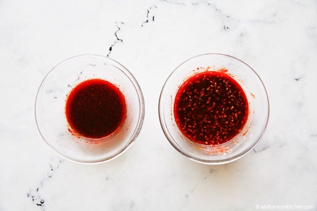 Bibimmyeon sauce and salad sauce in two separate bowls.