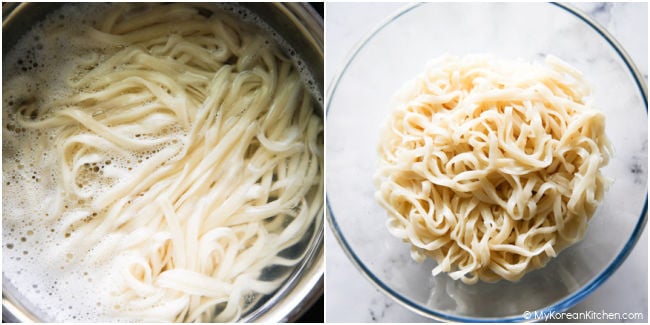 First image: Kalguksu noodles boiling. Second image: Drained noodles in a clear bowl.