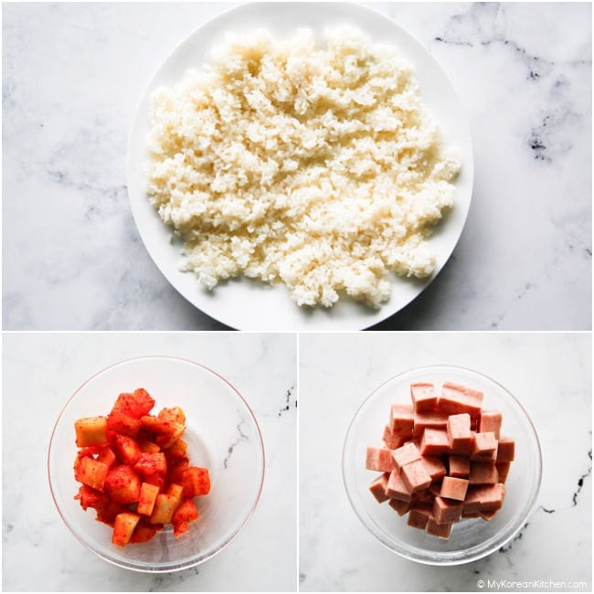 Collage image: top shows rice on a white plate, bottom left features sliced radish kimchi, and bottom right displays cubed Spam.