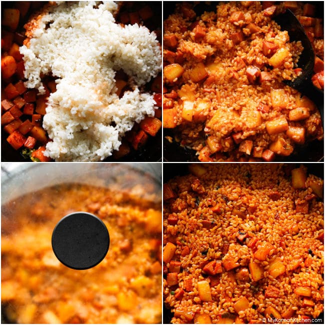 Collage image of mixing rice with kimchi, spam, and sauce, then cooking until crisp.