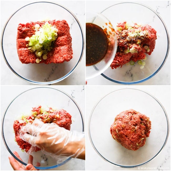 Collage of seasoning beef mince with sliced green onions and Tteokgalbi sauce.