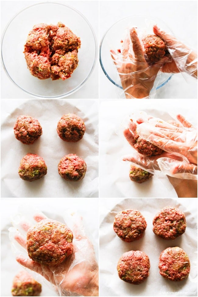 Step-by-step collage of forming four beef patties.