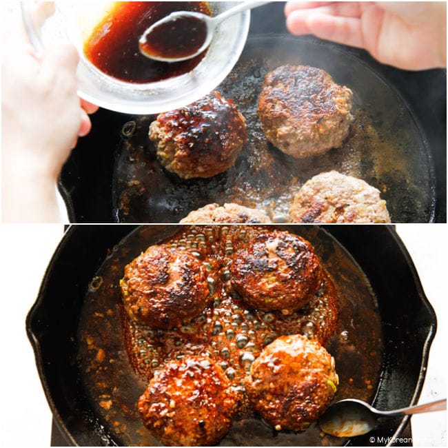 Beef patties coated with remaining tteokgalbi sauce, braising in a skillet to brown.