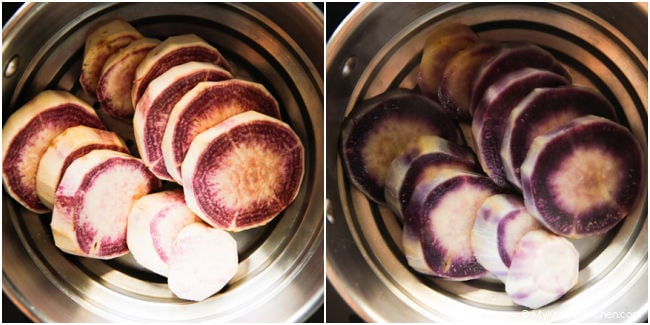 Steaming sliced Hawaiian sweet potatoes in a stainless steel steamer.