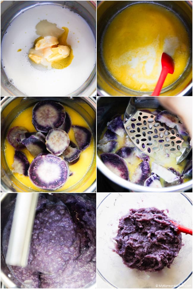 Step-by-step process of making sweet potato mousse in a stainless steel pot.