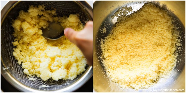 Creating cake crumbs using leftover sponge cake.