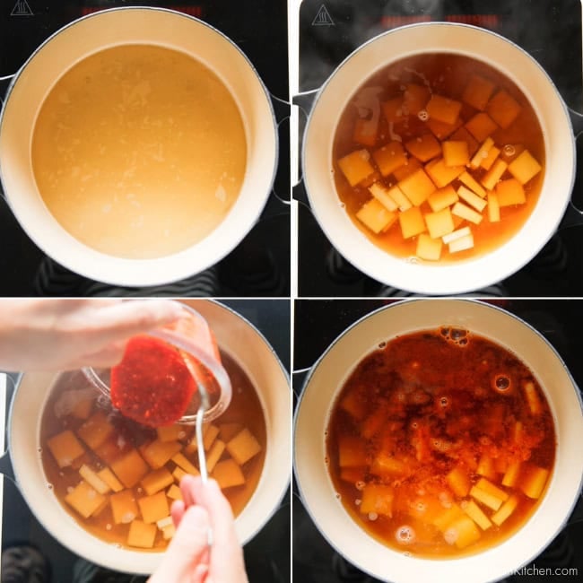 Step-by-step images showing how to make Korean squid soup (Ojingeo Guk), beginning with sliced radish and seasoning the broth.