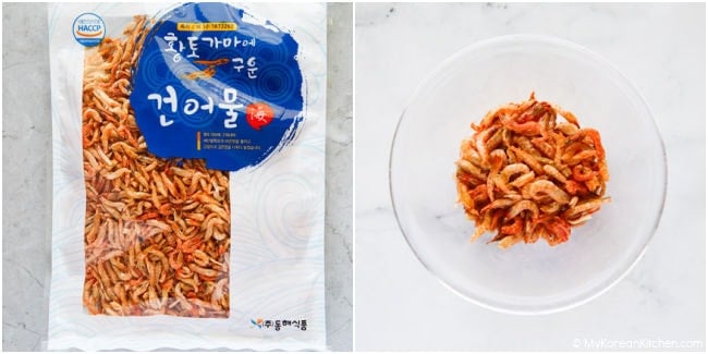 Collage: a bag of dried shrimp on the left and a bowl of dried shrimp on the right, both on a kitchen counter