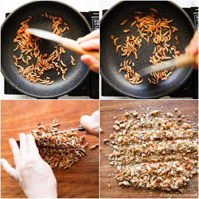 Preparing dried shrimp by stir-frying in a pan and chopping finely