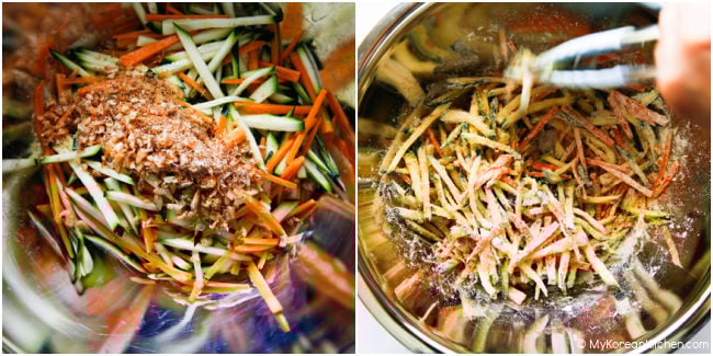 Combining zucchini pancake ingredients in a mixing bowl to make the batter