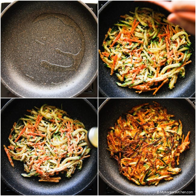 Collage: step-by-step images showing Korean zucchini pancakes being cooked in a frying pan
