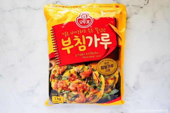 A bag of Korean pancake mix on a kitchen counter