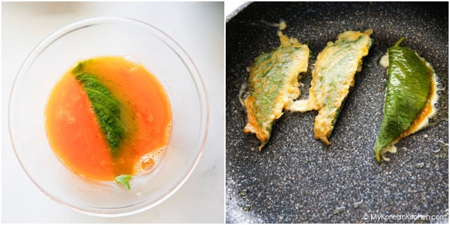 Collage showing a stuffed perilla leaf dipped in egg wash on the left, and stuffed perilla leaves pan frying in a skillet on the right