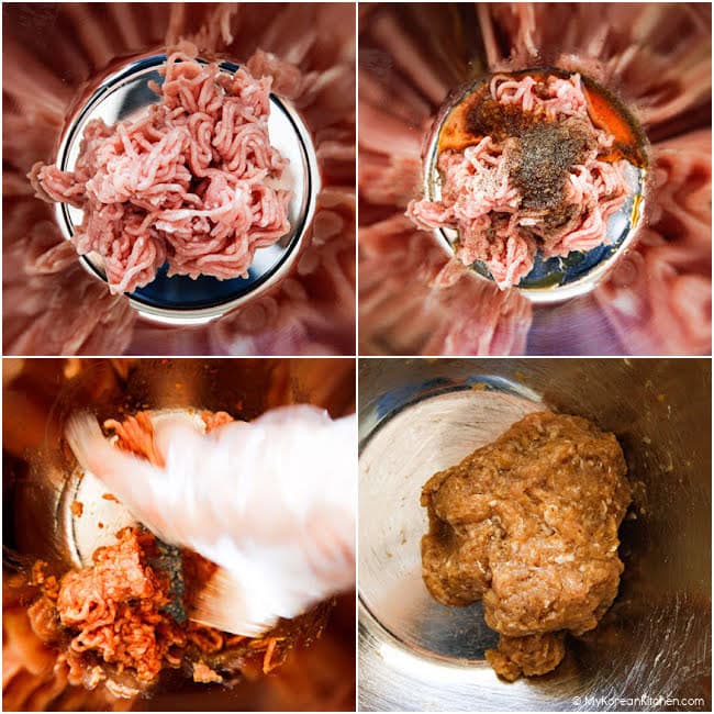 Collage showing beef being marinated with Korean seasoning sauce and kneaded by hand