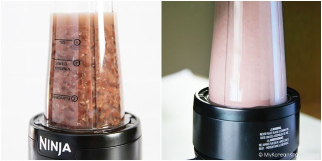 Blending boiled red beans in a bullet blender to make sweet red bean paste.
