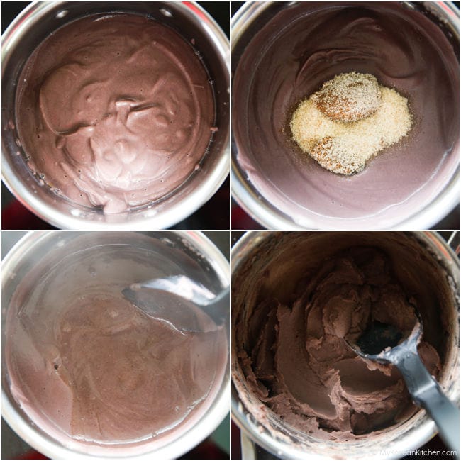 Step-by-step image of making sweet red bean paste in a saucepan.