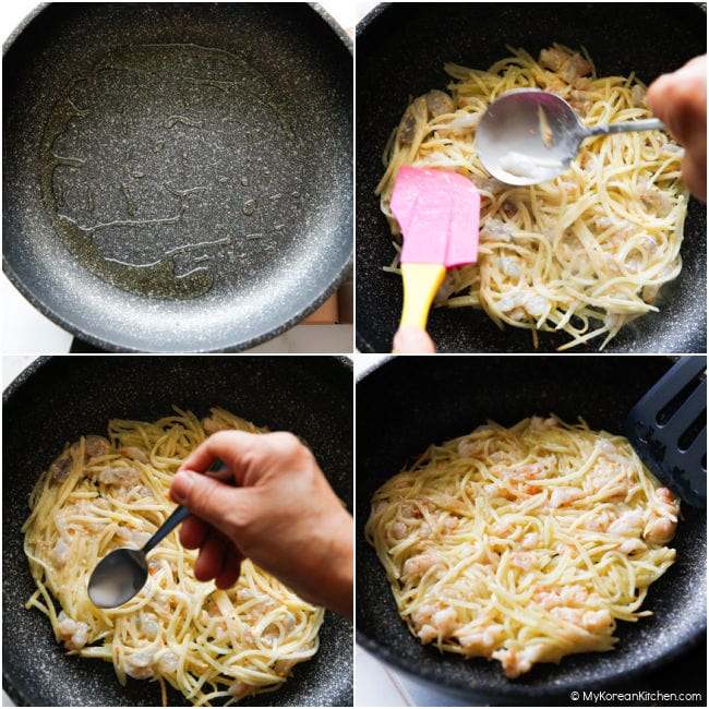 Collage image showing step-by-step process of pan-frying potato pancake.