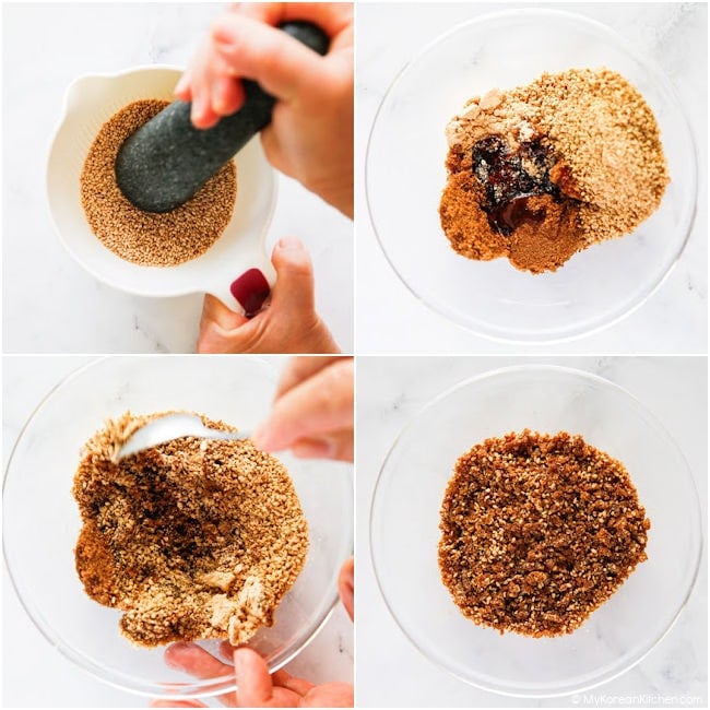 Step-by-step process of making honey sesame filling for songpyeon