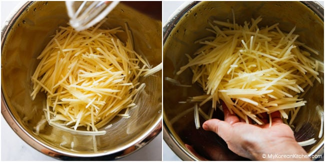 Seasoning the potatoes with salt and mixing well.