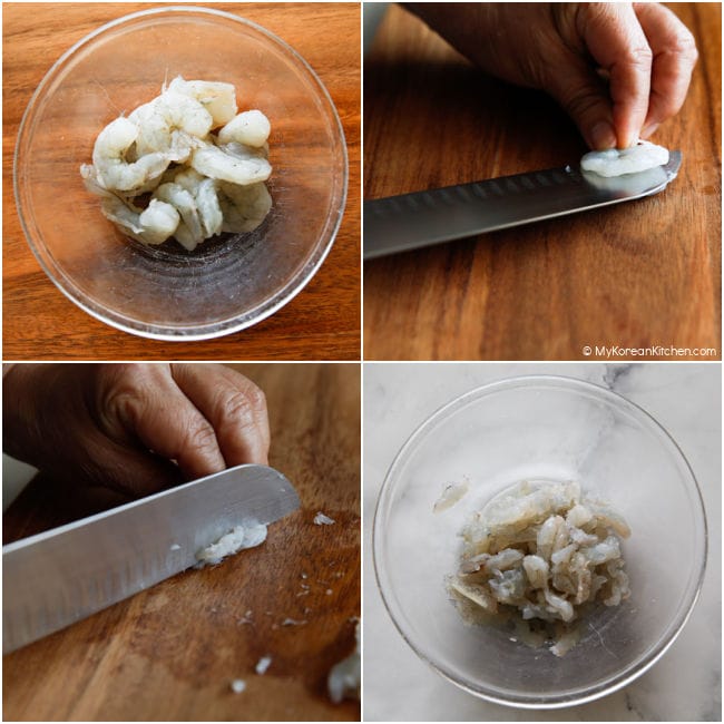 Collage image showing shrimp being chopped and marinated.