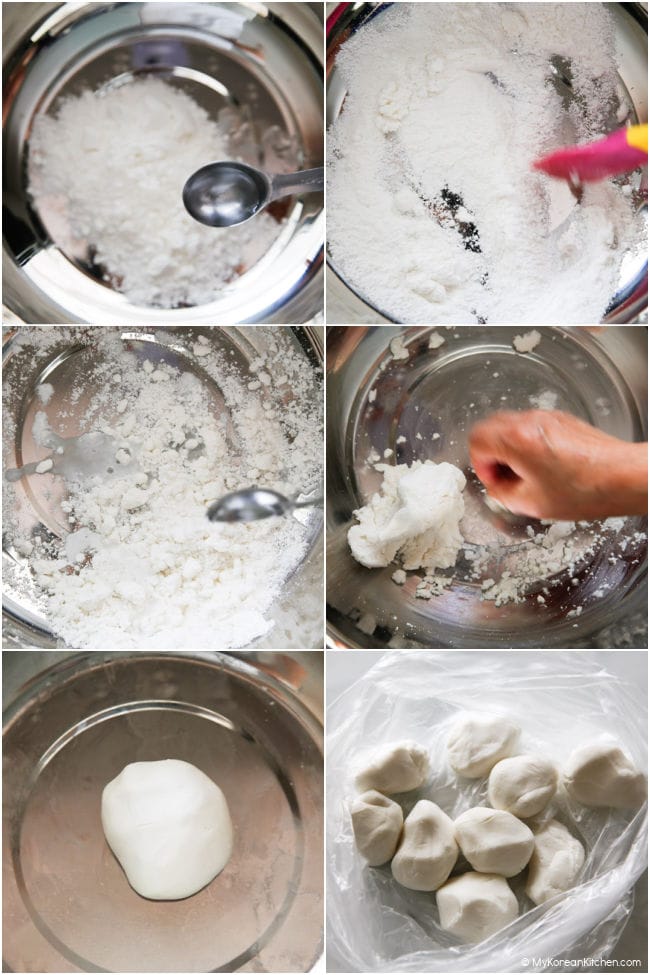 Mixing rice flour dough in a bowl and dividing it for songpyeon