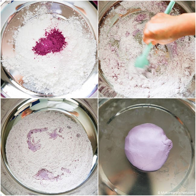 Step-by-step process of making songpyeon dough with purple sweet potato powder