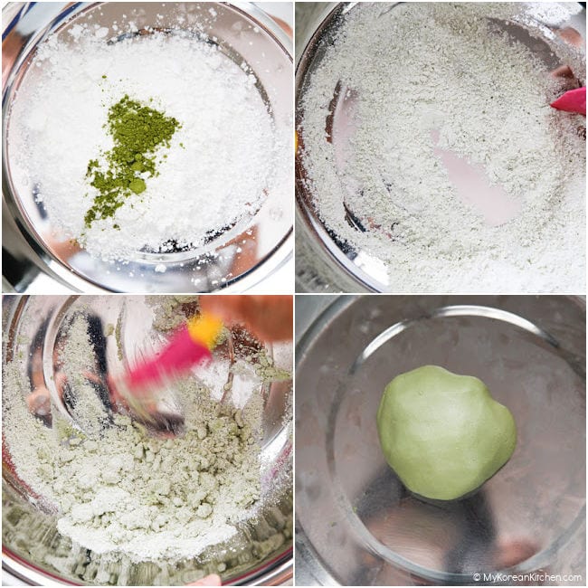 Step-by-step process of making songpyeon dough with matcha powder