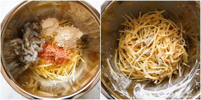 Making crispy potato pancake batter in a mixing bowl.