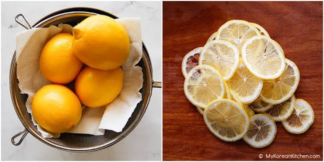 Collage image showing lemons drying in a colander on the left and thinly sliced lemons on a wooden cutting board on the right.