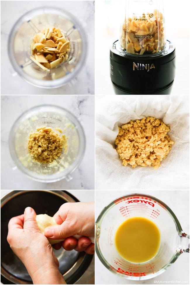 Blending ginger in a blender, then squeezing it through muslin cloth into a jug to extract ginger juice.