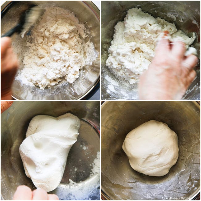 Collage showing how to make gyeongdan dough with glutinous rice flour and water.