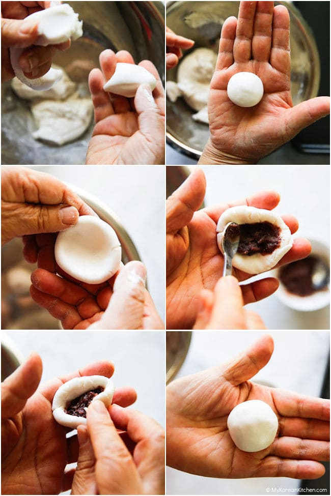 Collage showing how to shape gyeongdan dough and prepare it for sweet red bean filling.