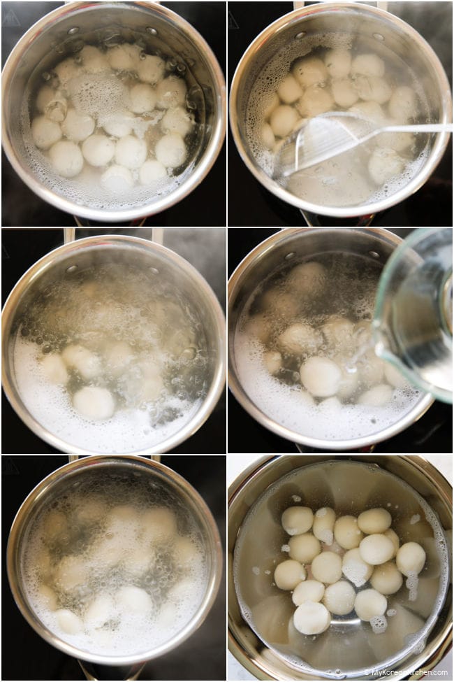 Collage showing gyeongdan rice balls boiling until they float.