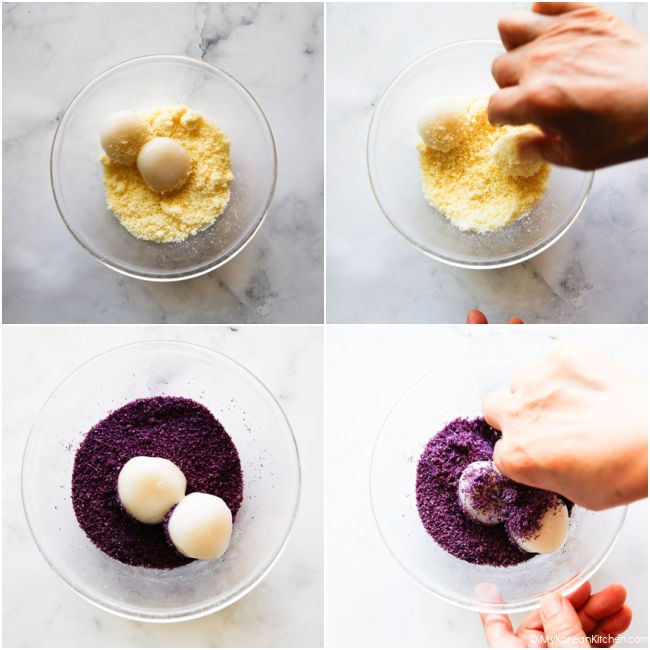 Collage showing gyeongdan being coated in different toppings like vanilla sponge crumbs, and purple sweet potato mix.