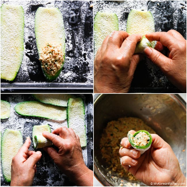 placing filling on zucchini slices and rolling into korean zucchini rolls