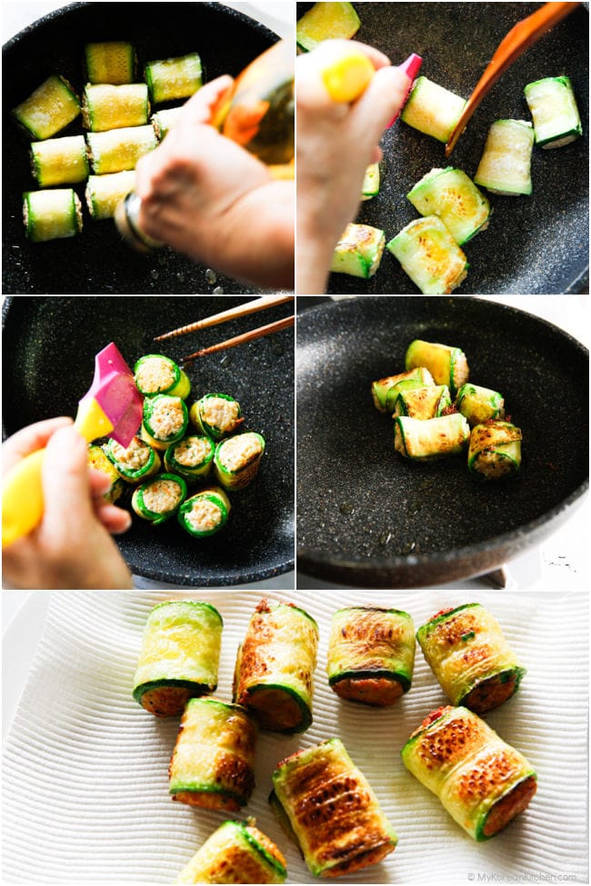 pan frying korean zucchini rolls until golden