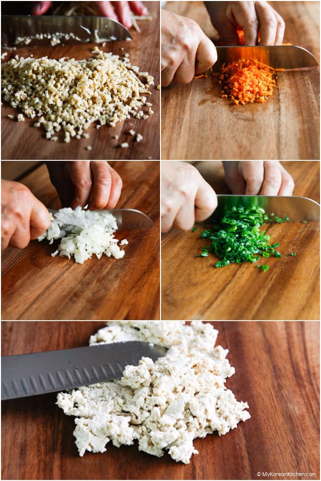 finely minced vegetables and fish cake for zucchini roll filling