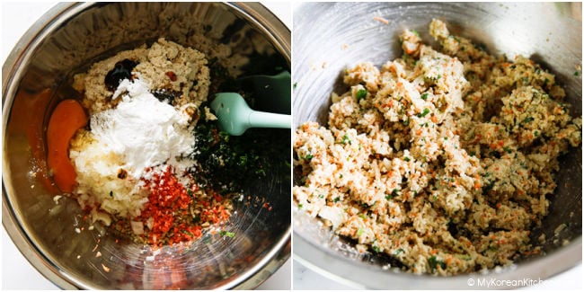 mixing filling ingredients in a bowl for korean zucchini rolls