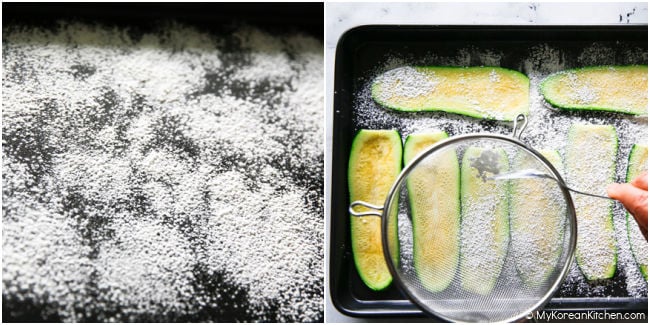 zucchini slices lightly coated with potato starch