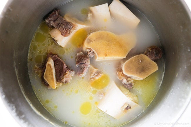 First batch of boiled beef bones with cloudy white Korean beef bone broth