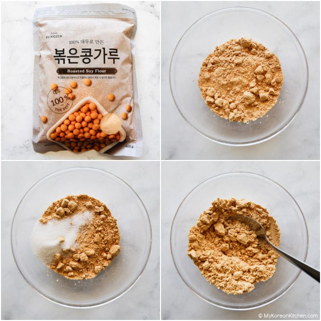 Collage of roasted soybean powder and soybean powder mixed with sugar and salt